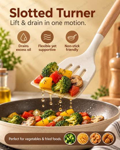 🍳 Flexible Silicone Kitchen Utensils – 3-Piece Wood Handle Cooking Set