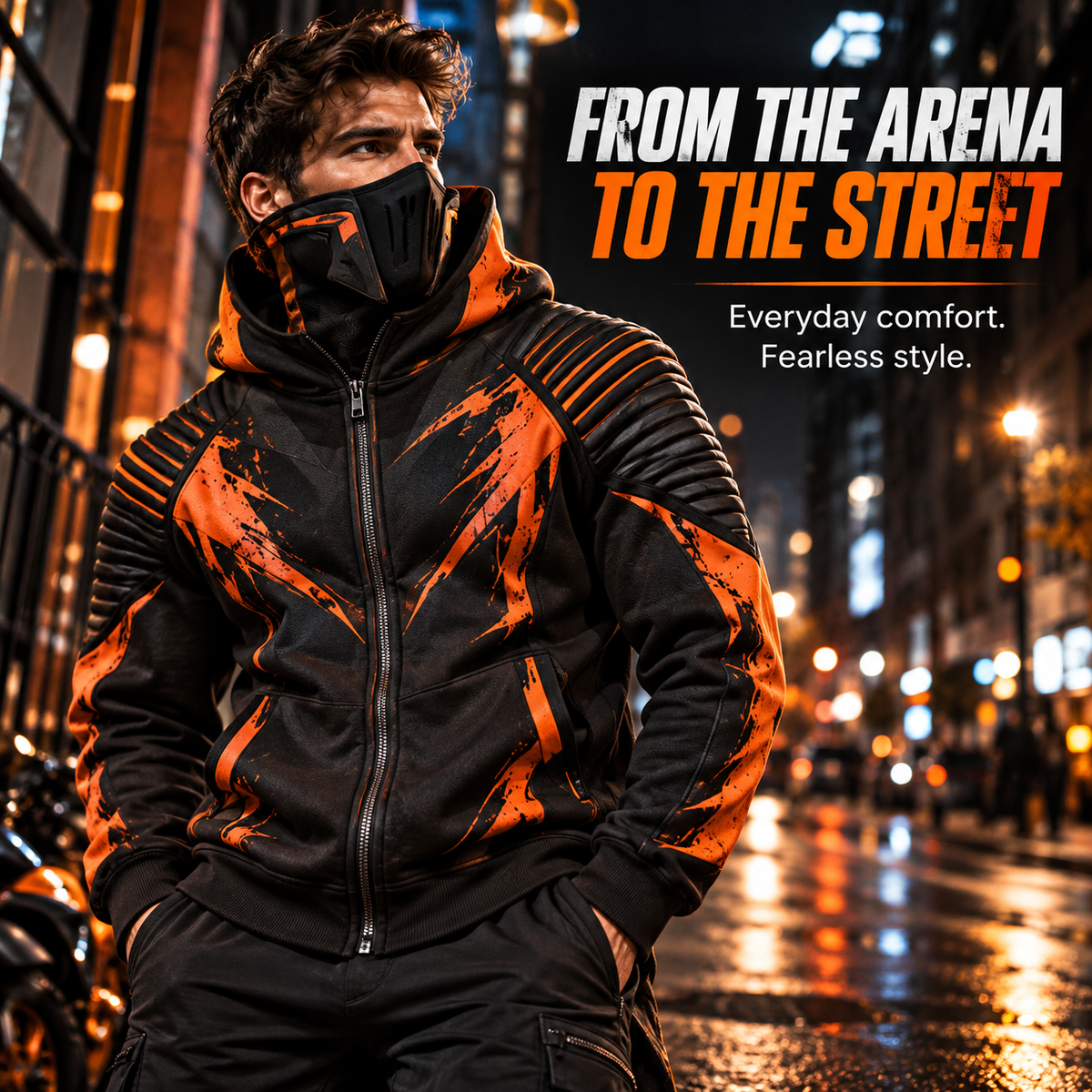 🔥 Full-Face Zip Hoodie – Armor-Inspired Fleece Streetwear with Quilted Shoulders