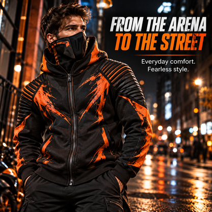 🔥 Full-Face Zip Hoodie – Armor-Inspired Fleece Streetwear with Quilted Shoulders