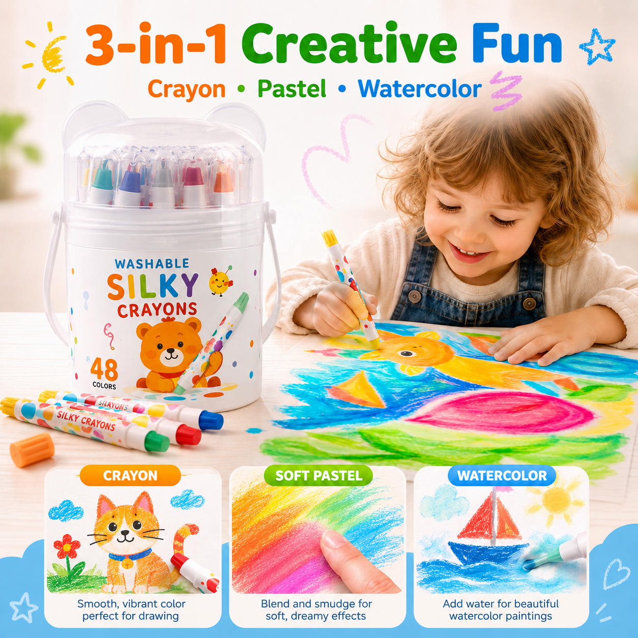 🎨 Washable Twist-Up Silky Crayons for Kids – Mess-Free 3-in-1 Coloring Set
