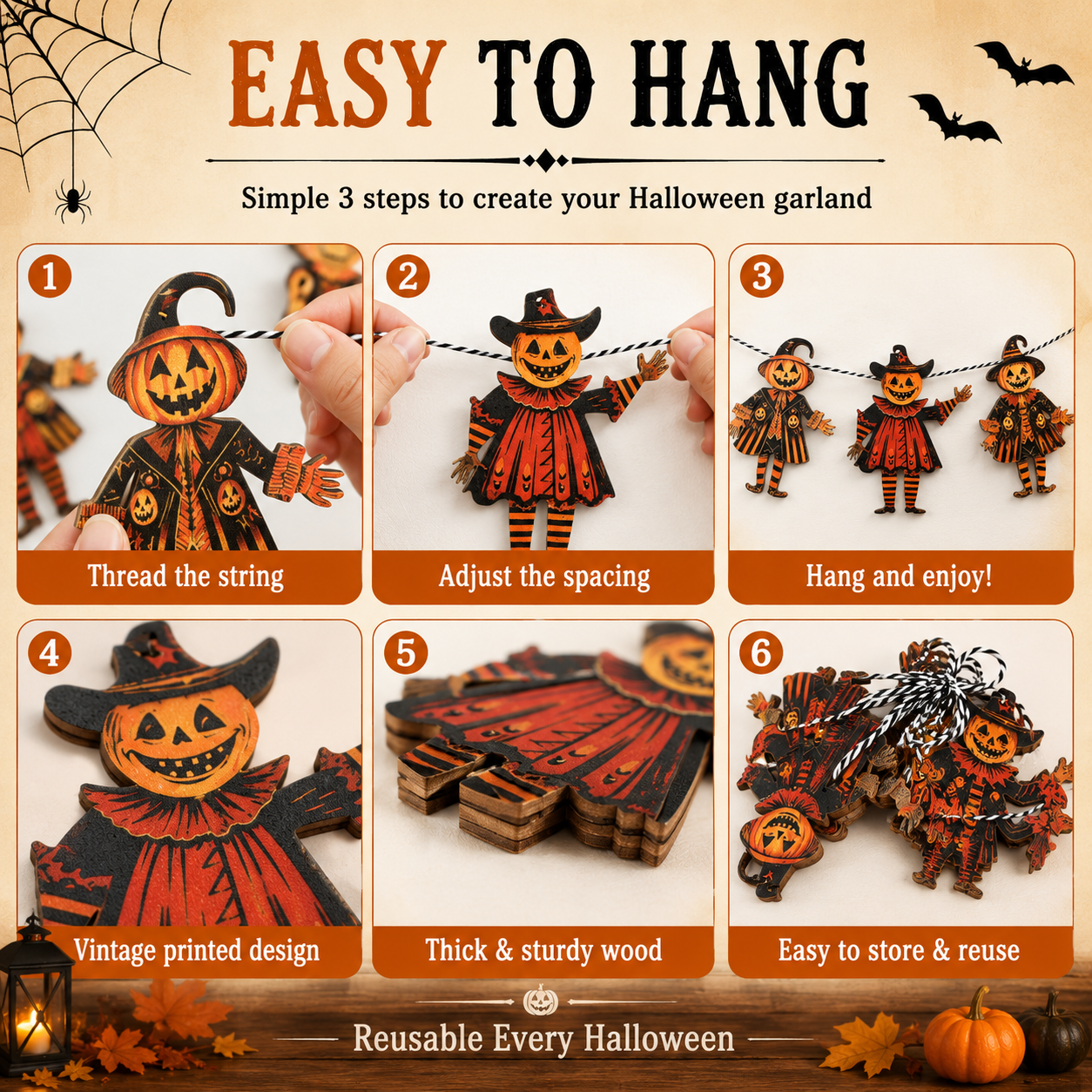 🎃 6 Piece Vintage Wooden Pumpkin Character Halloween Garland Banner Cutouts 🎃