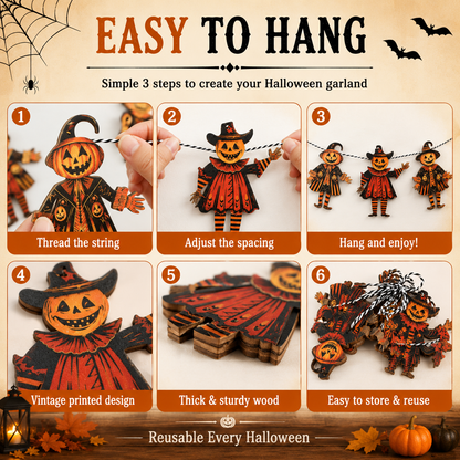 🎃 6 Piece Vintage Wooden Pumpkin Character Halloween Garland Banner Cutouts 🎃
