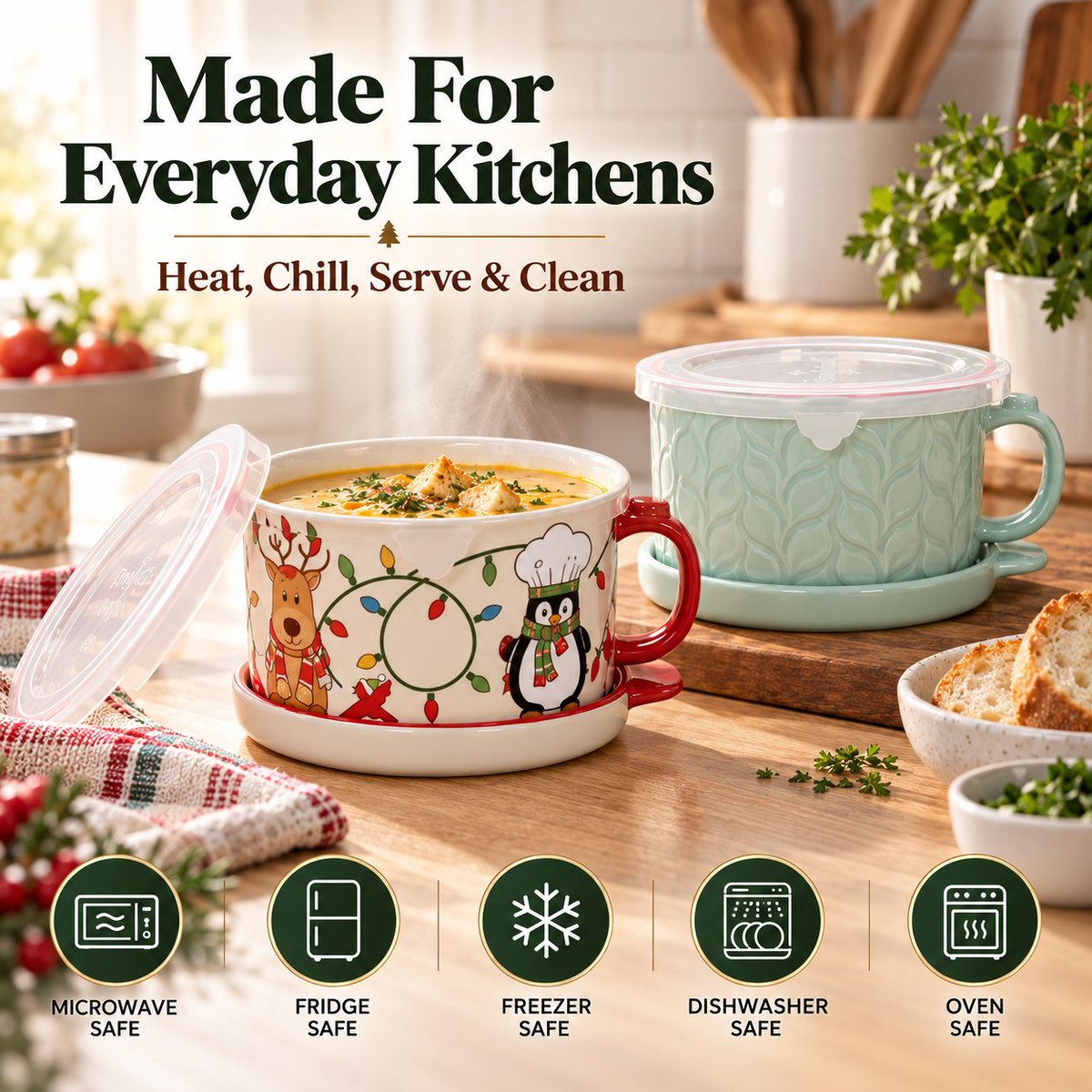 🥣 4-Piece 25-oz Ceramic Soup Mug Meal Sets with Lid-its & Storage Covers 🎁