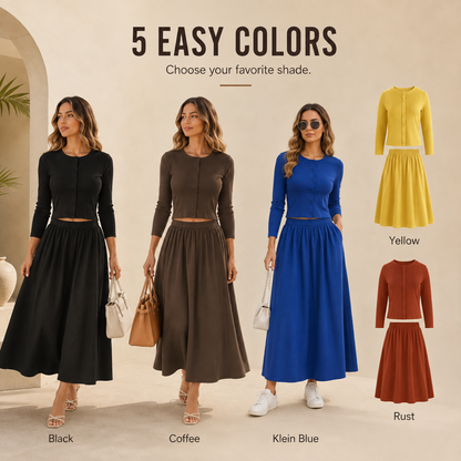 👗 Women's 2-Piece Ribbed Cardigan & Flowing Skirt Set ✨