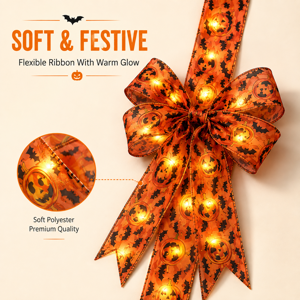 🎃 Light-Up Halloween Bow with Warm LEDs ✨