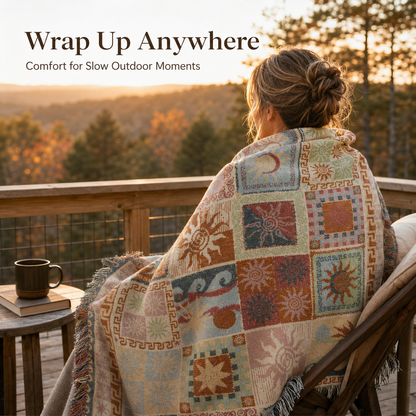 🌞 Boho Sun & Moon Celestial Patchwork Woven Blanket with Tassels 🌙