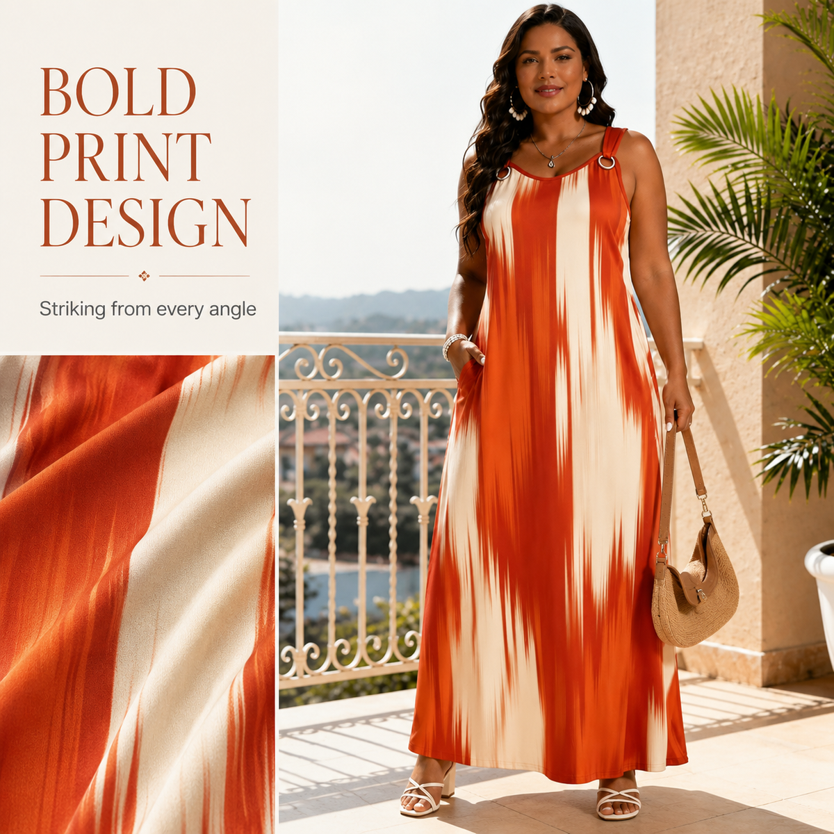 💃 Women's Sleeveless Printed Ring-Strap Loose Maxi Dress with Pockets 🌴