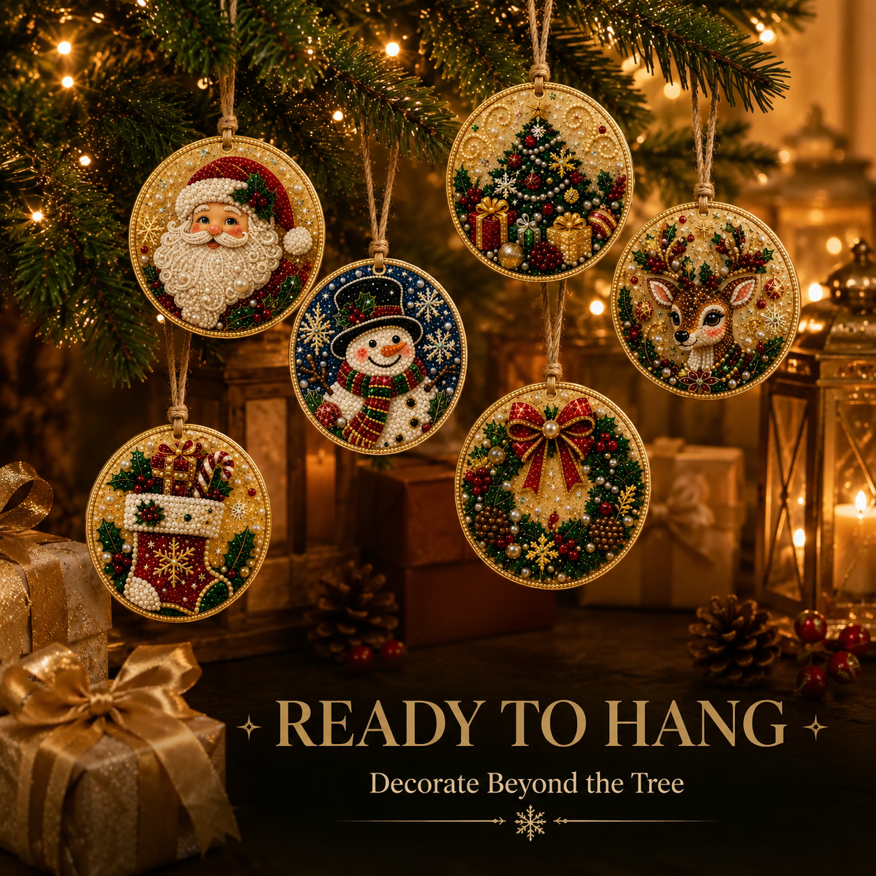 🎄 6-Piece Christmas Diamond Art Wooden Ornament Kit – DIY Pearl & Rhinestone Crafts ✨