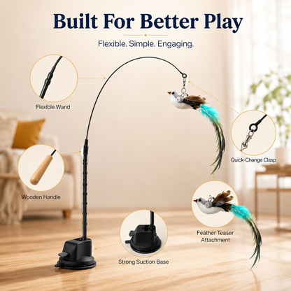 🐱 Interactive Cat Wand with Suction Cup & Natural Feathers 🪶
