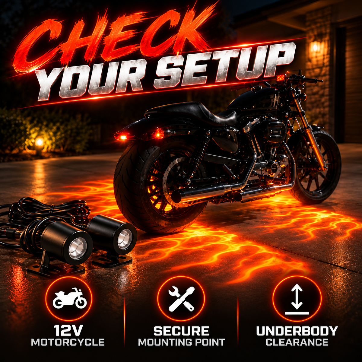 🔥 Motorcycle Flame Ground Projector Kit – Dual 12V Adjustable Underbody Lights