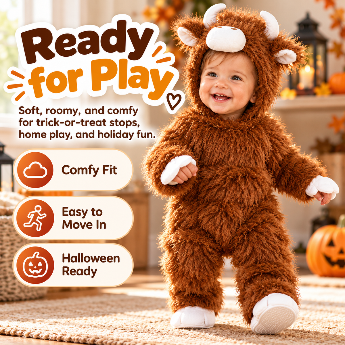🦬 Baby Buffalo Halloween Costume – Cozy Plush Hooded Animal Jumpsuit for First Halloween Photos