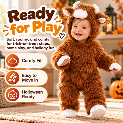 🦬 Baby Buffalo Halloween Costume – Cozy Plush Hooded Animal Jumpsuit for First Halloween Photos
