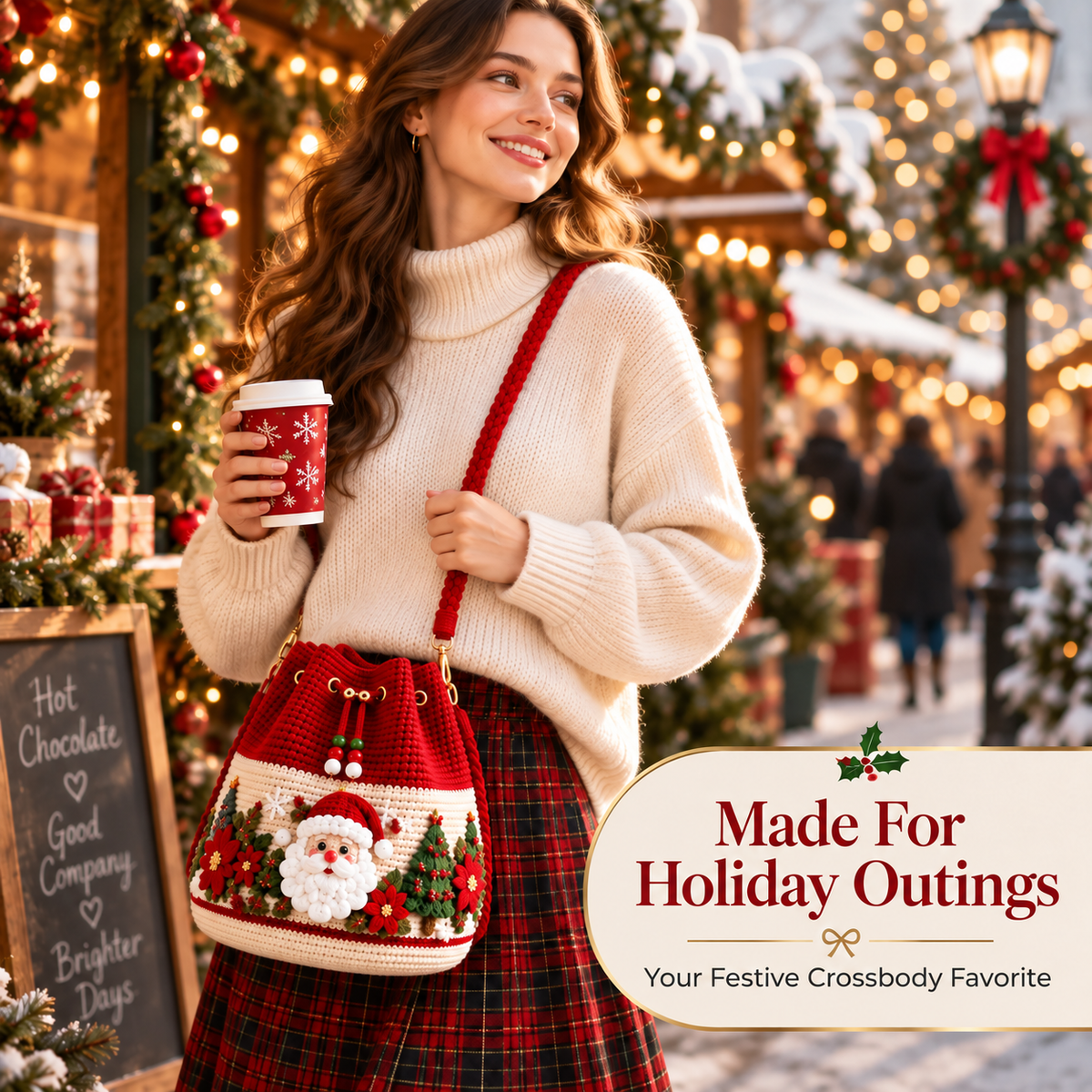 🎄 50% OFF Christmas Crochet Bucket Bag ✨ Festive Crossbody Holiday Purse