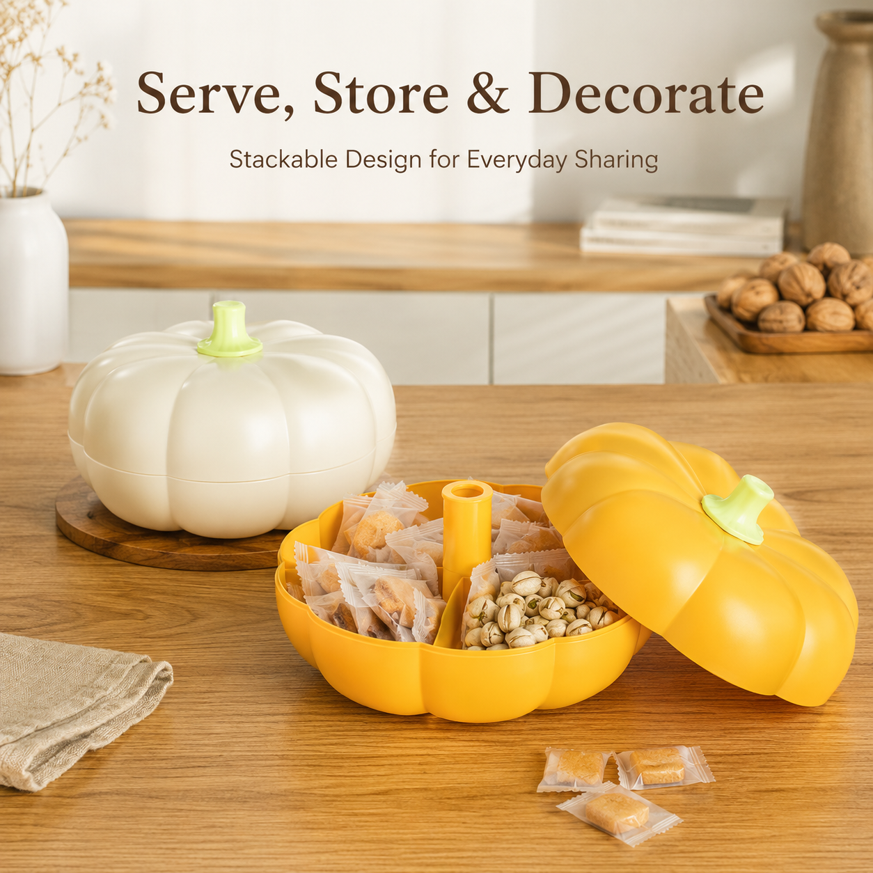 🎃 Pumpkin Shaped Two Tier Divided Snack Box Fruit Candy Storage Organizer 🍱