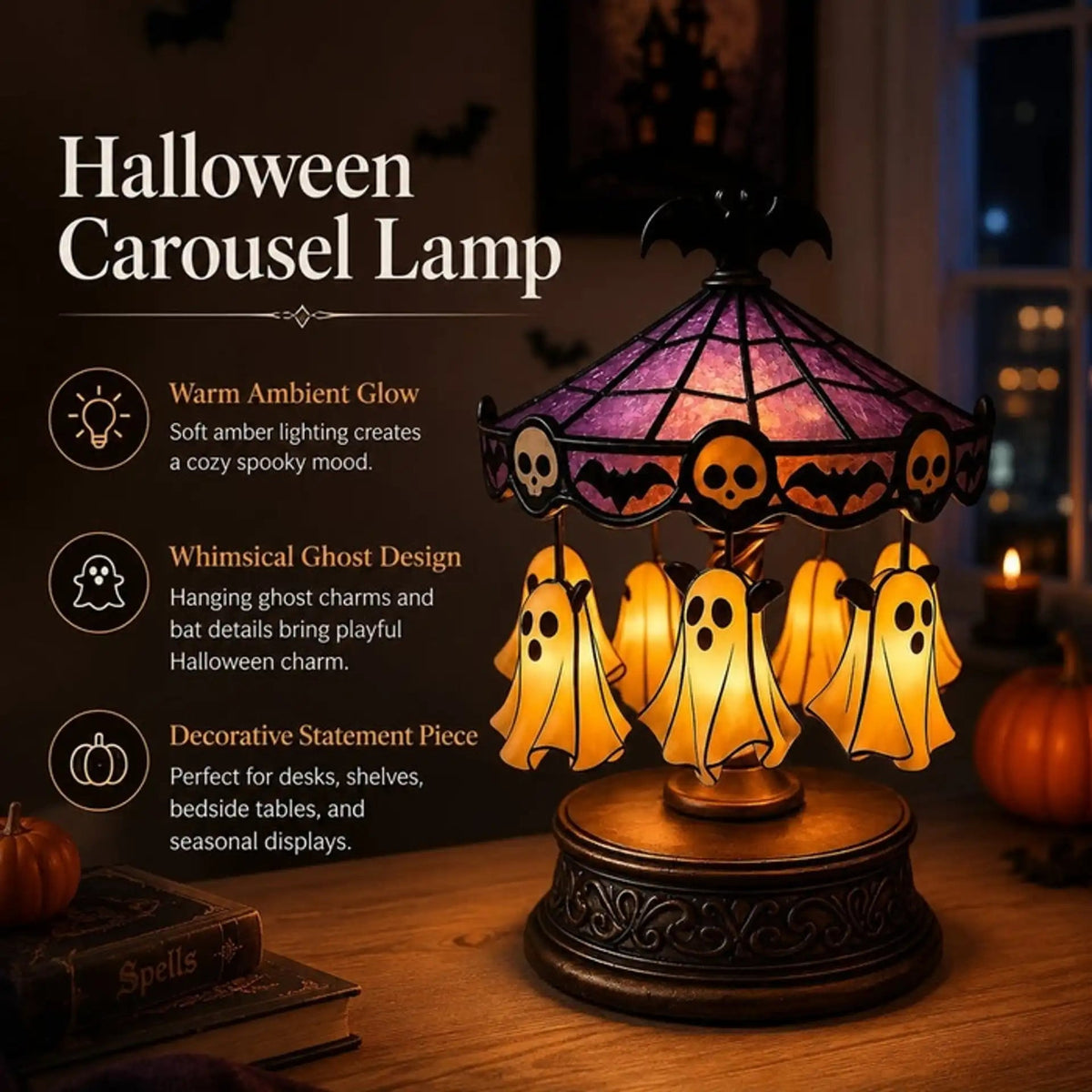 👻 Ghost Carousel Motion Night Light – Animated Halloween Glowing Yard Decor 🎃