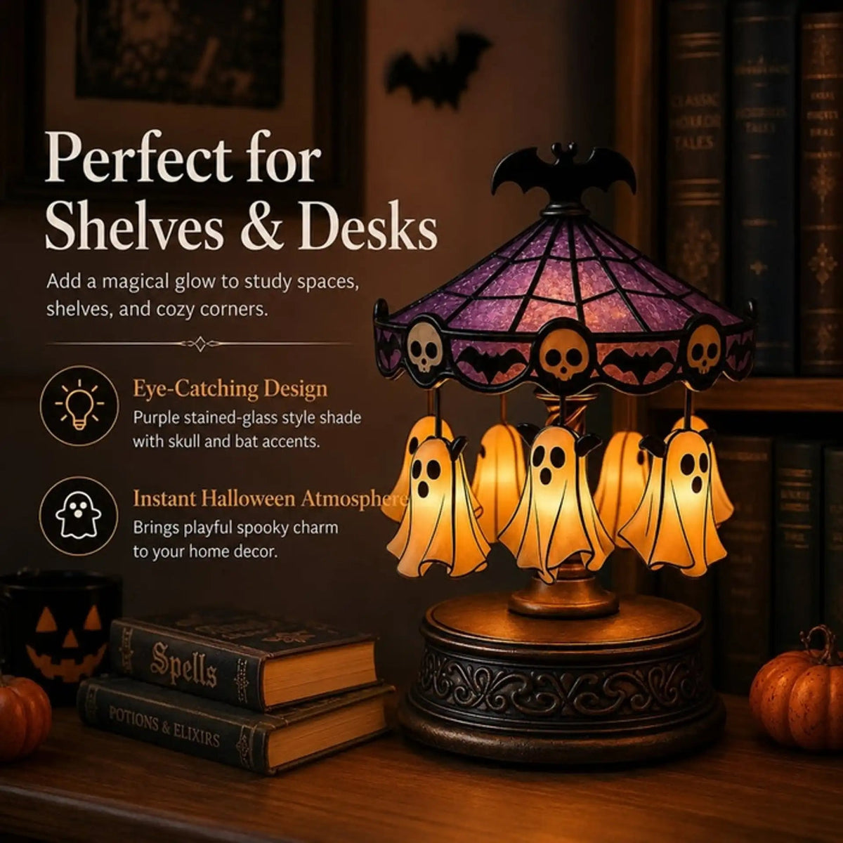 👻 Ghost Carousel Motion Night Light – Animated Halloween Glowing Yard Decor 🎃