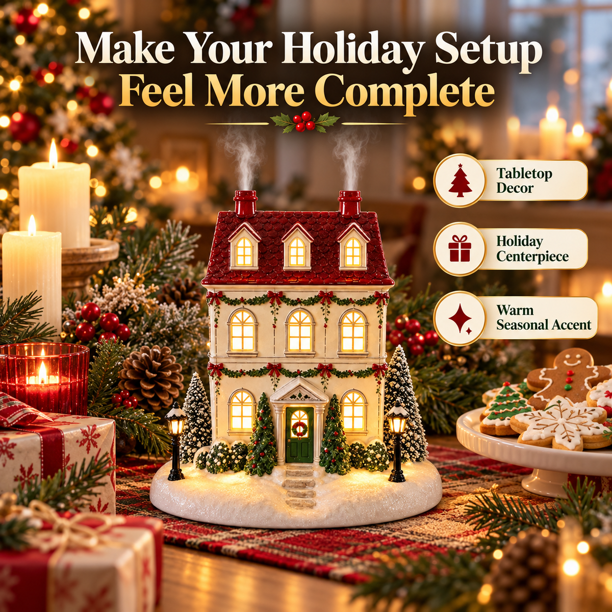 🎄 Lighted Christmas House Diffuser – Cozy Holiday Cottage with Gentle Mist ✨