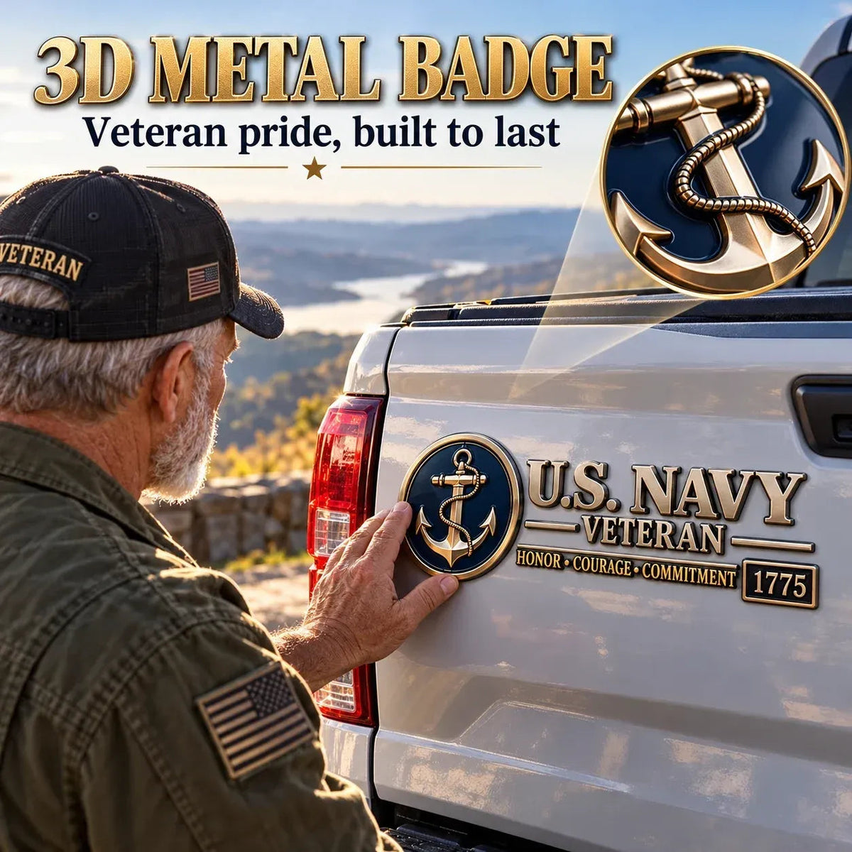 🎖️ Veteran Pride 3D Metal Car Emblem – Military Service Tribute Badge 🚗
