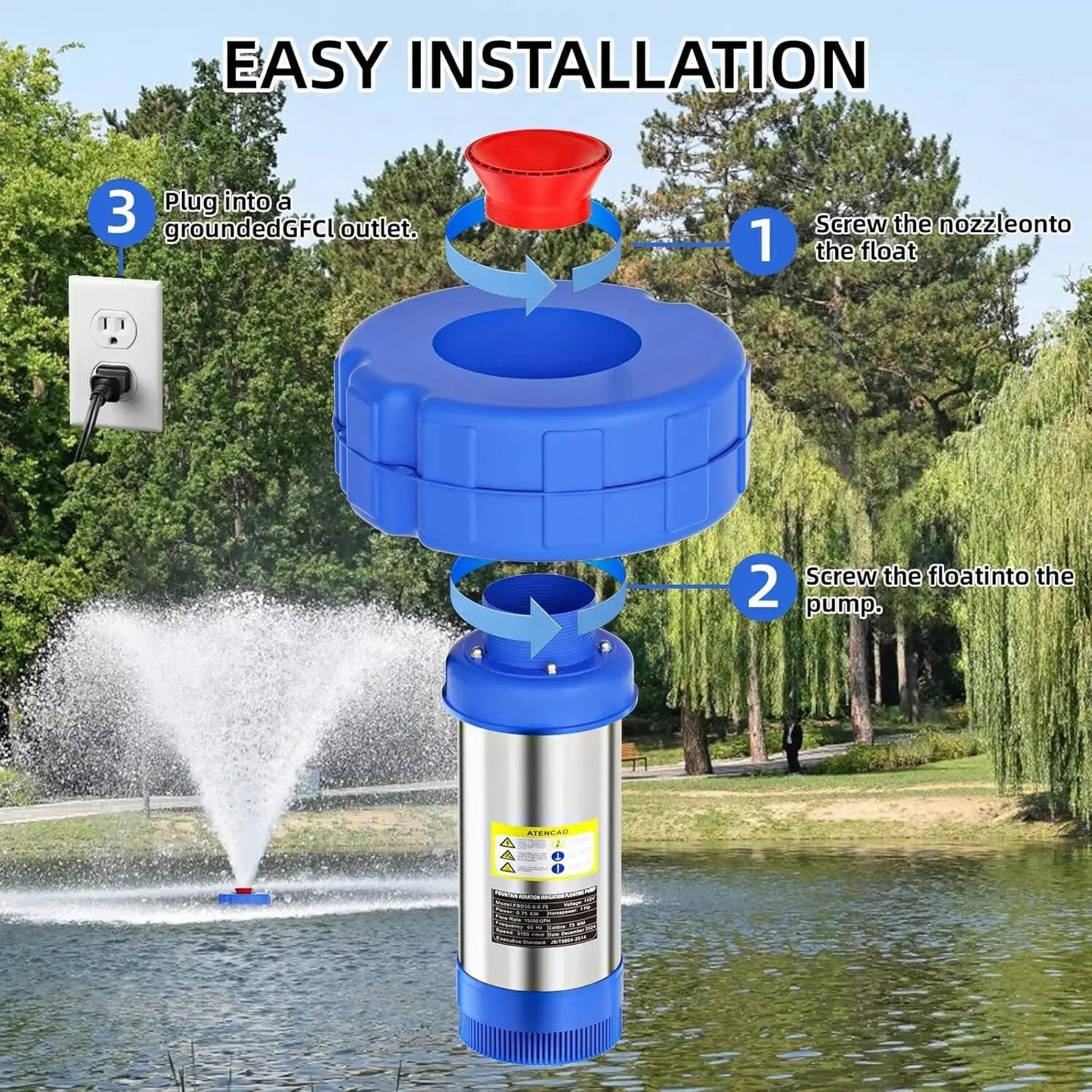 💧 1HP Pond Fountain Aerator – 15000 GPH Floating Lake Pump