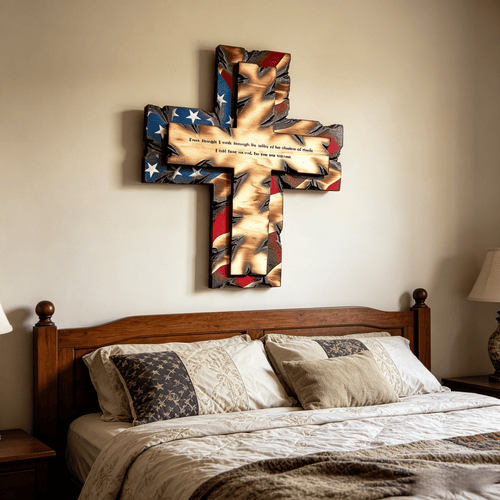 ✝️ Patriotic American Flag Wooden Cross Wall Decor | Psalm 23 Faith Gift