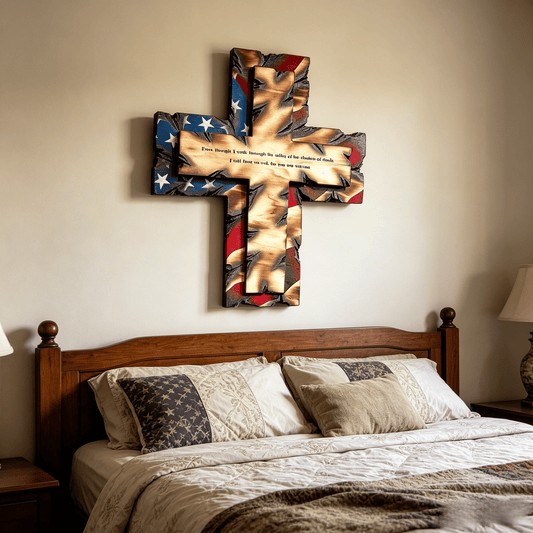 ✝️ Patriotic American Flag Wooden Cross Wall Decor | Psalm 23 Faith Gift