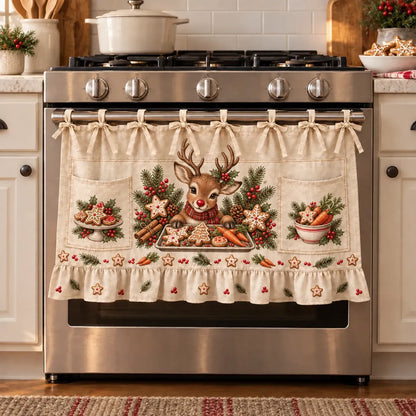 🎄 Christmas Kitchen Tie-On Skirt with Pockets & Ruffled Trim - Appliance Valance