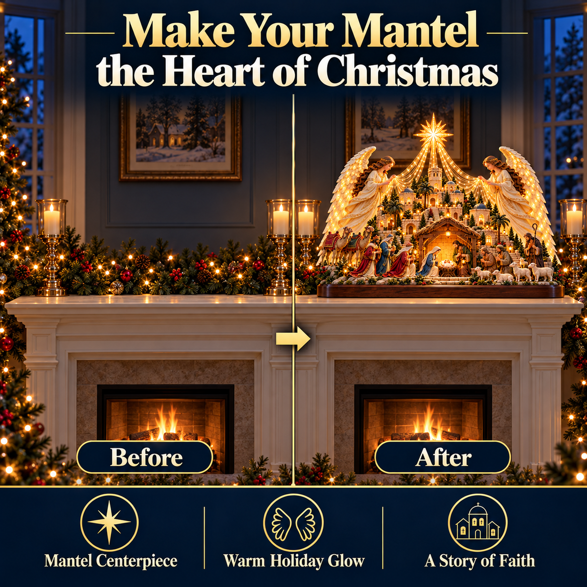 🎄✨ Angels Over Bethlehem™ – Lighted 3D Nativity Mantel Centerpiece with Angel Wings & Star