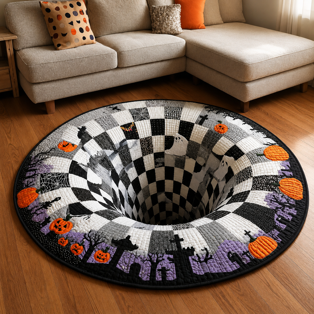 🎃 Spooky 3D Skeleton Portal Quilted Halloween Round Rug