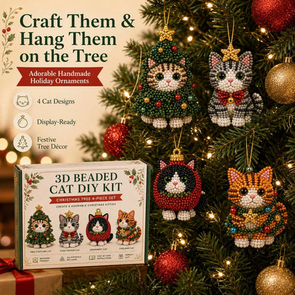 🎄 3D Beaded Christmas Cat DIY Craft Kit Set of 4 Handmade Ornaments 🐱
