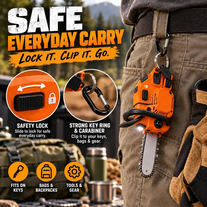 Mini Chainsaw Keychain Multi-Tool – Rechargeable LED Flashlight & Retractable Utility Cutter