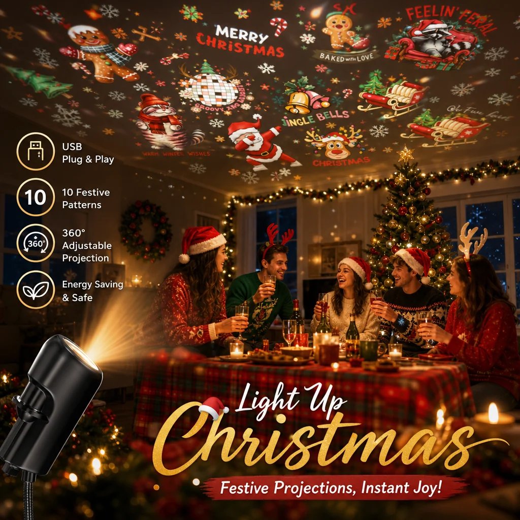 🎄 HD Magic Christmas Ceiling & Wall Projector – 360° USB Holiday Star Light ✨