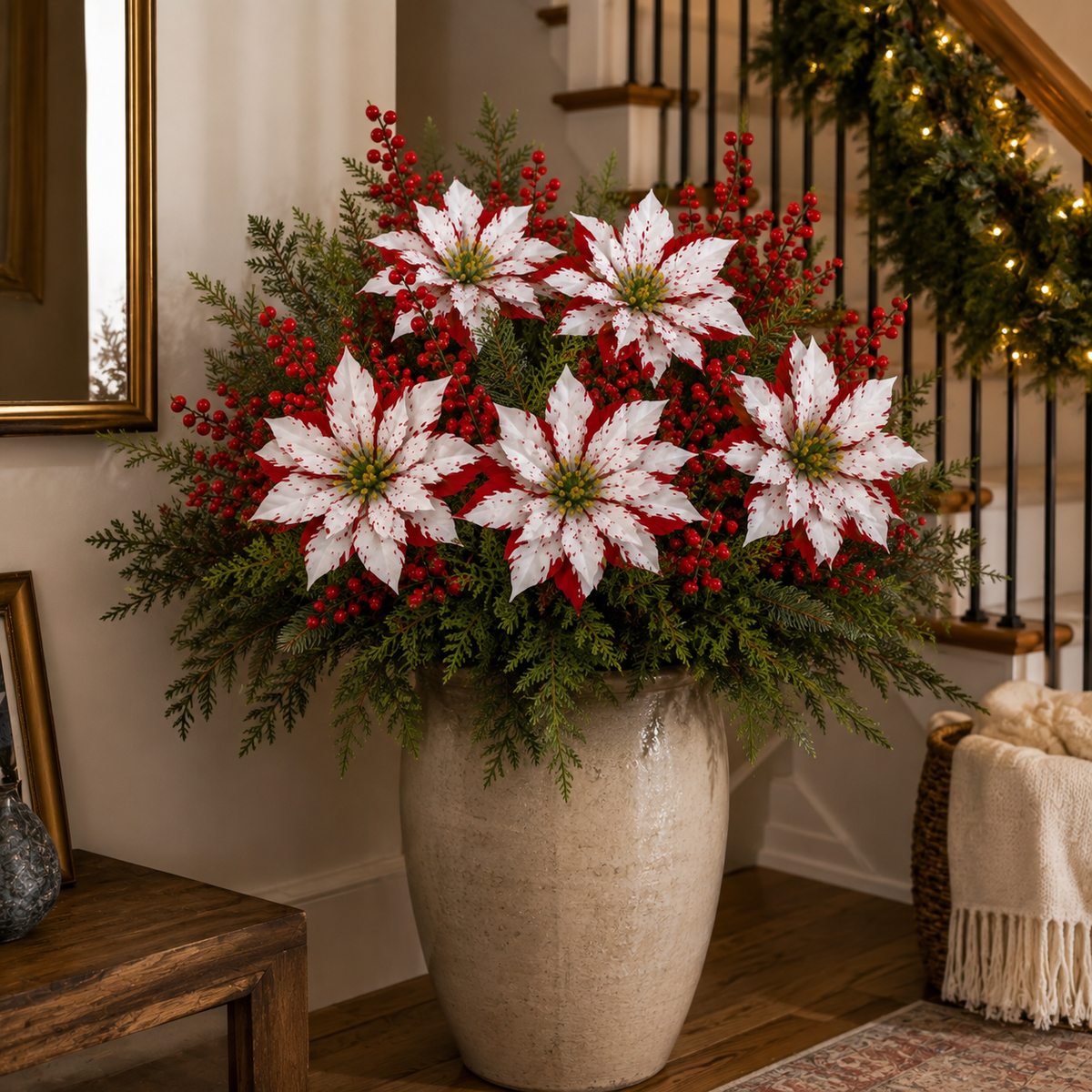 🎄 Set of 6 Christmas Poinsettia Planter Insert Picks – Red & White Holiday Urn Decor 🌺