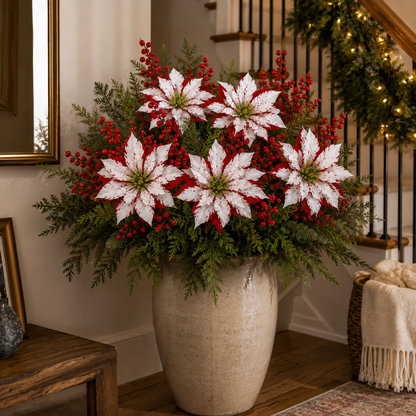 🎄 Set of 6 Christmas Poinsettia Planter Insert Picks – Red & White Holiday Urn Decor 🌺