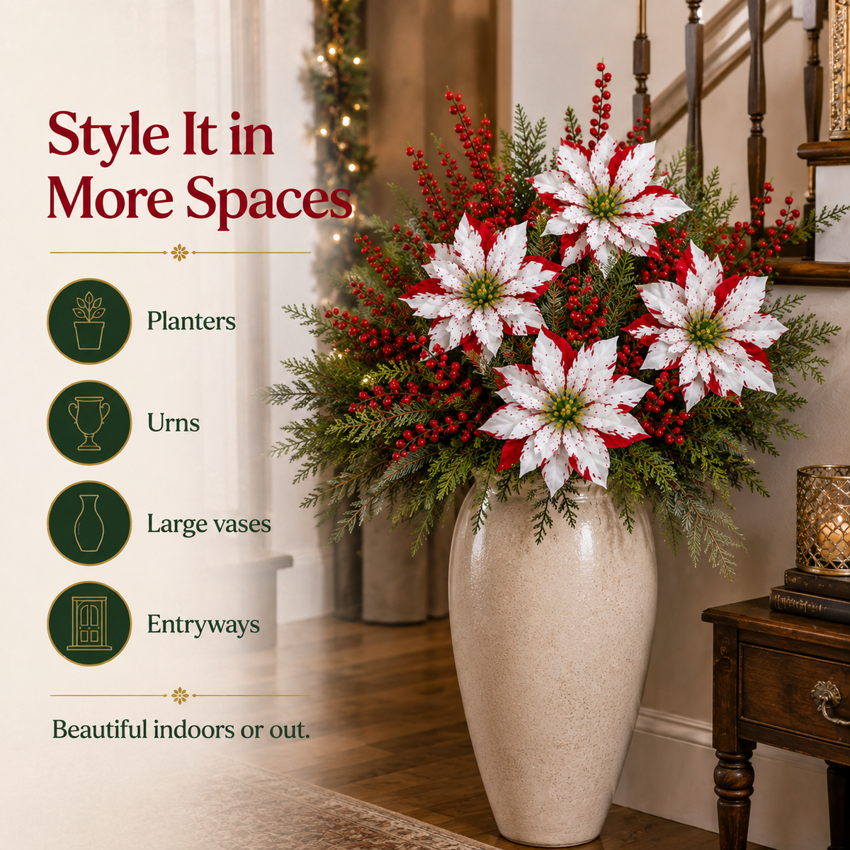 🎄 Set of 6 Christmas Poinsettia Planter Insert Picks – Red & White Holiday Urn Decor 🌺
