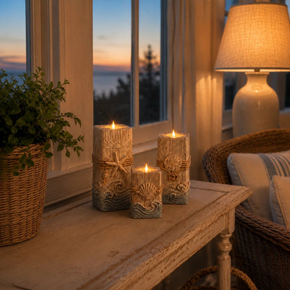 🔥 HOT SALE 🔥🌊 Coastal Wooden LED Candle Set of 3 with Remote & Timer 🕯️