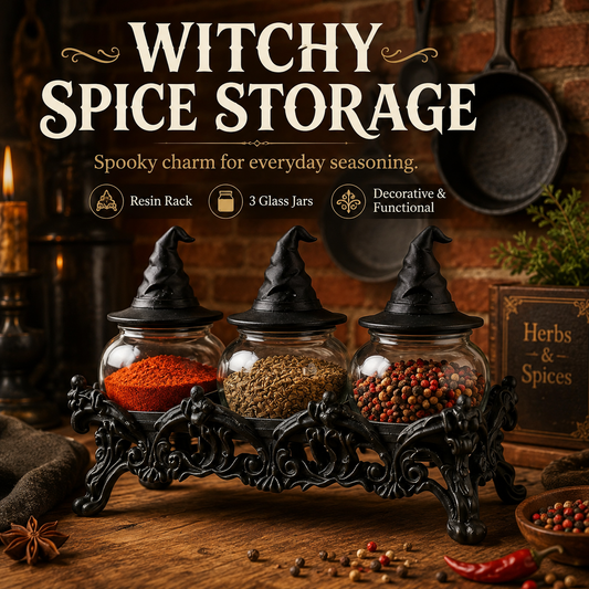 🧙 Witch Hat Gothic Spice Jar Set with Ornate Resin Rack and Glass Jars 🔮
