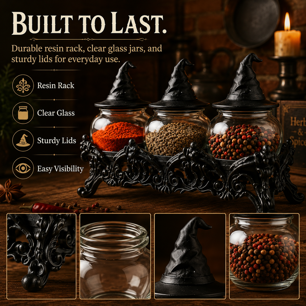 🧙 Witch Hat Gothic Spice Jar Set with Ornate Resin Rack and Glass Jars 🔮