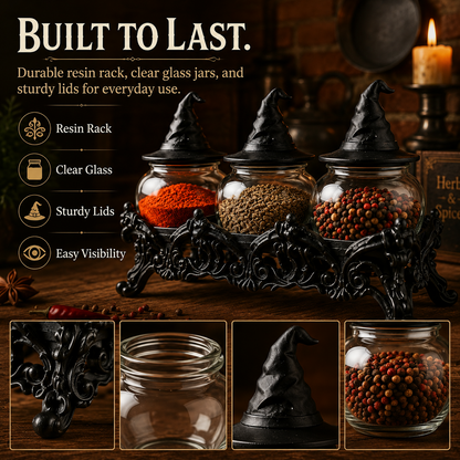 🧙 Witch Hat Gothic Spice Jar Set with Ornate Resin Rack and Glass Jars 🔮