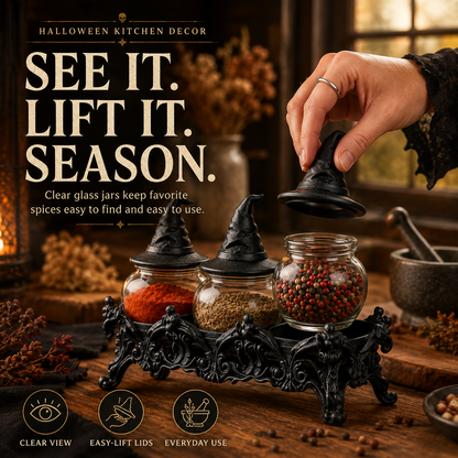 🧙 Witch Hat Gothic Spice Jar Set with Ornate Resin Rack and Glass Jars 🔮