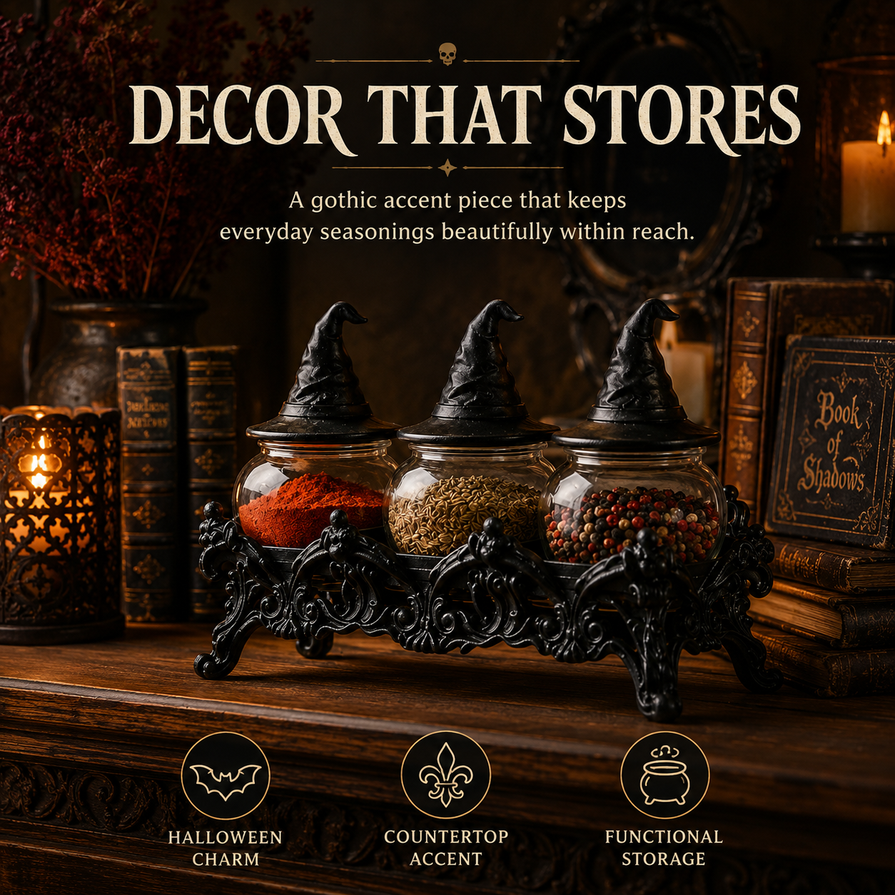 🧙 Witch Hat Gothic Spice Jar Set with Ornate Resin Rack and Glass Jars 🔮