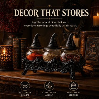 🧙 Witch Hat Gothic Spice Jar Set with Ornate Resin Rack and Glass Jars 🔮