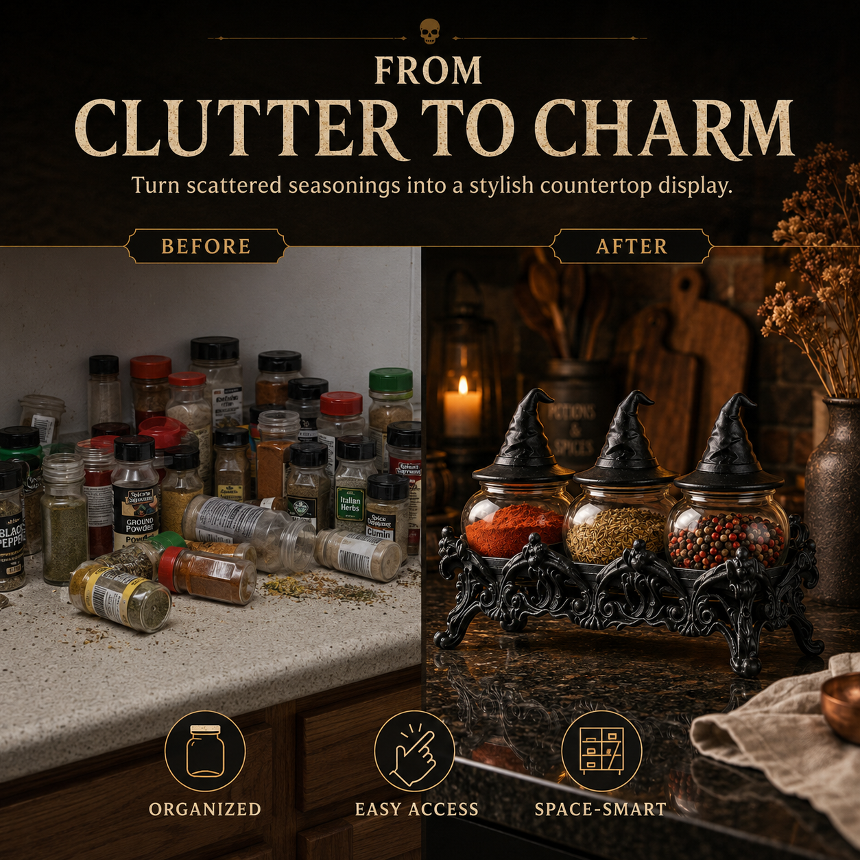 🧙 Witch Hat Gothic Spice Jar Set with Ornate Resin Rack and Glass Jars 🔮