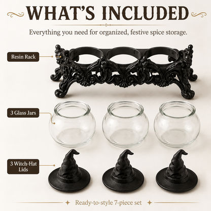 🧙 Witch Hat Gothic Spice Jar Set with Ornate Resin Rack and Glass Jars 🔮