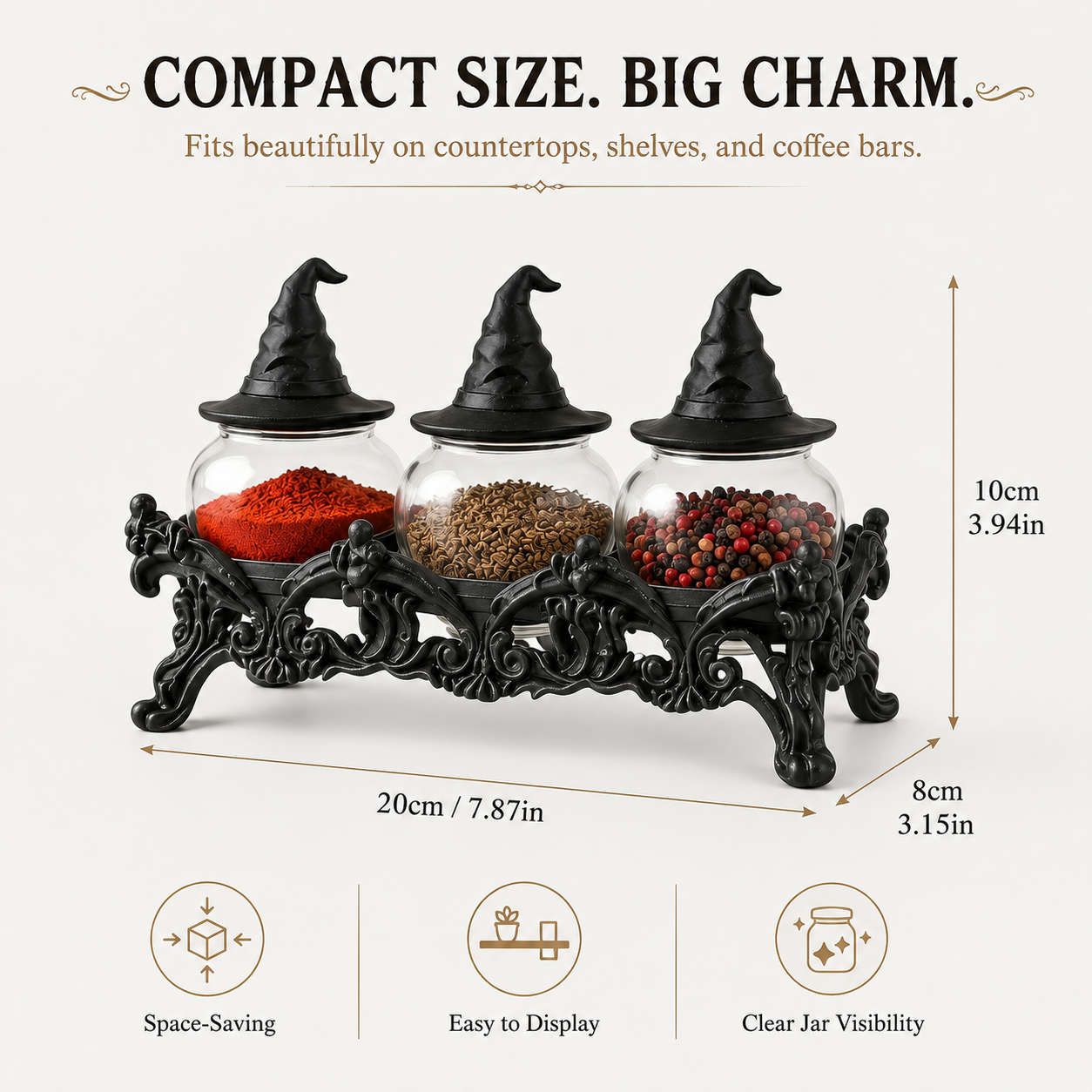 🧙 Witch Hat Gothic Spice Jar Set with Ornate Resin Rack and Glass Jars 🔮