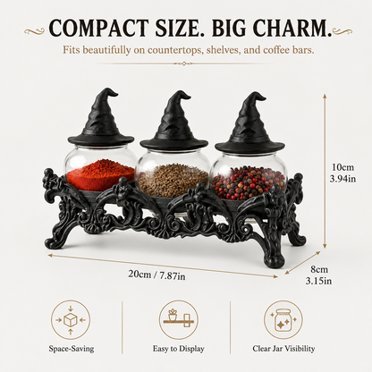 🧙 Witch Hat Gothic Spice Jar Set with Ornate Resin Rack and Glass Jars 🔮