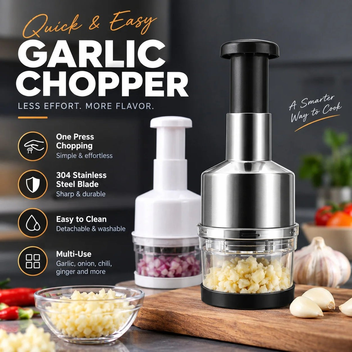 🧄 55% OFF One-Tap Garlic Chopper – Stainless Steel Manual Food Cutter for Effortless Cooking