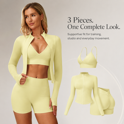 🏋️ Women's 3-Piece Compression Activewear Set – Zip Jacket, Bra & Crossover Shorts ✨