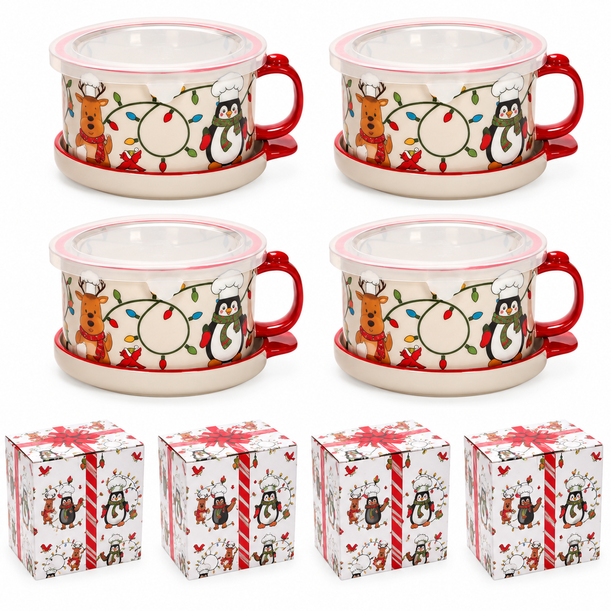 🥣 4-Piece 25-oz Ceramic Soup Mug Meal Sets with Lid-its & Storage Covers 🎁