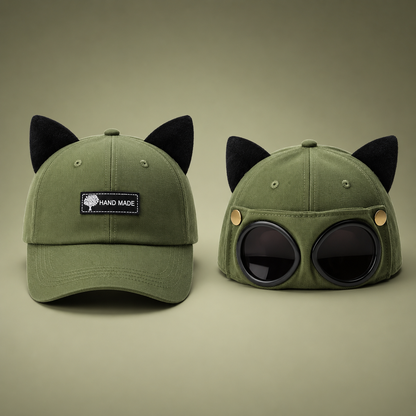 🧢 Cat Ear Aviator Goggle Baseball Cap with Tinted Lenses 🕶️