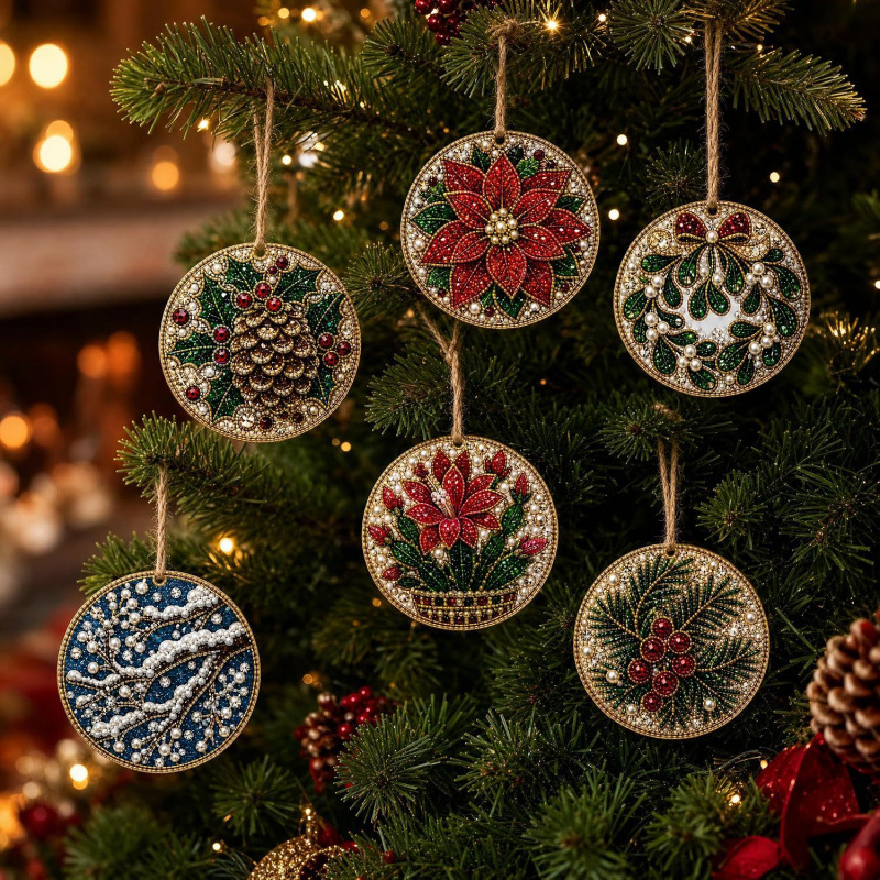 🎄 6-Piece Christmas Diamond Art Wooden Ornament Kit – DIY Pearl & Rhinestone Crafts ✨